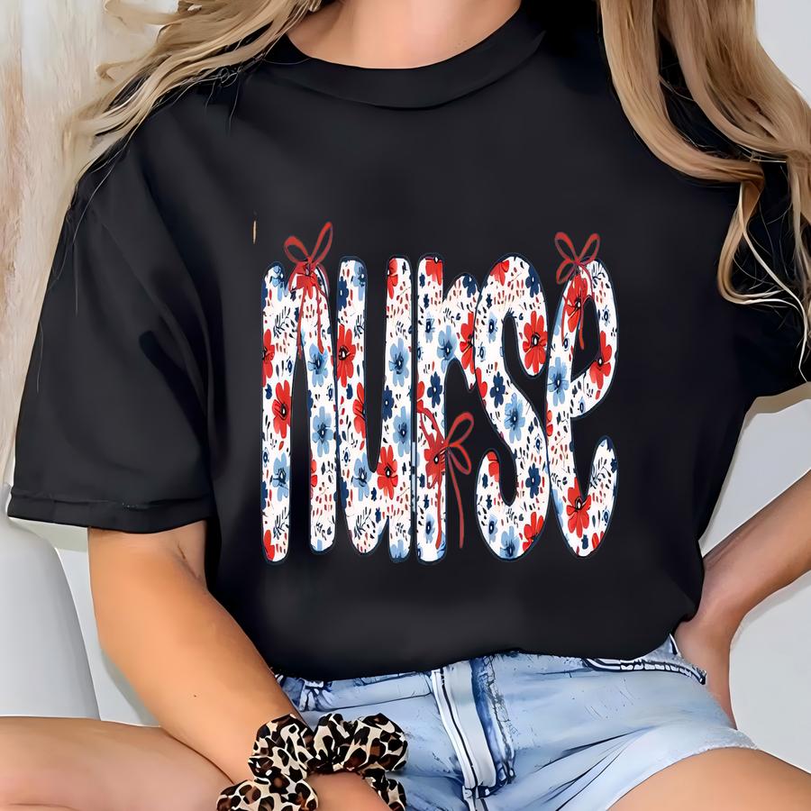 Floral Nurse Hoodie: Patriotic American Flag, 4th Of July T-shirt