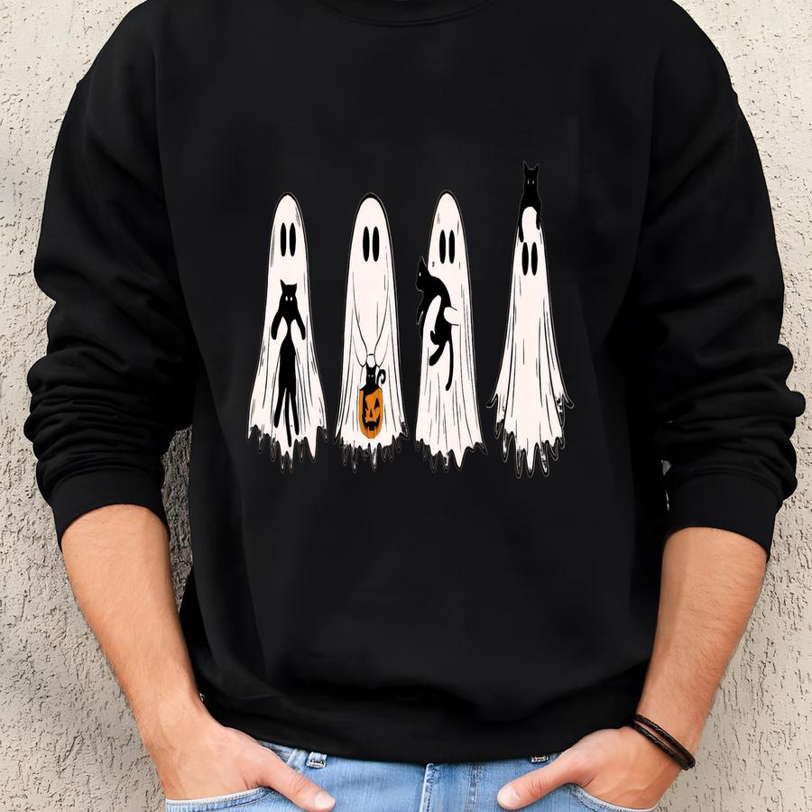 Cute Ghost Cats Halloween Sweatshirt, Womens Cats Halloween Shirt, Cats Lover Halloween Gift, Spooky Season, Black Cat Halloween Shirt Sweatshirt