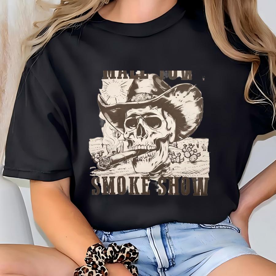 Western Skull Graphic Tee – Small Town Smoke Show Shirt – Country Cowboy Cigar Shirt – Southern Cowgirl Baddie Hoodie T-shirt
