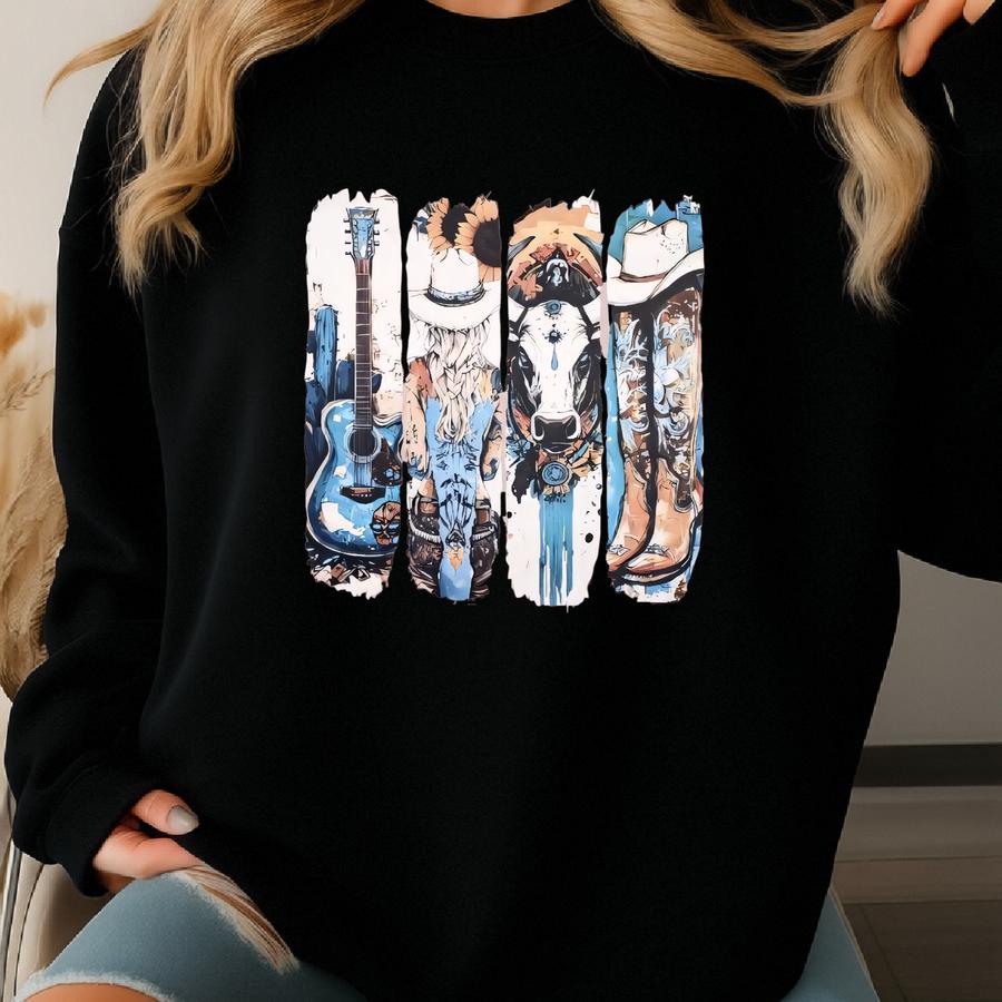 Western Cowgirl Graphic Tee – Guitar, Cow, Boots Hat Shirt – Cute Country Concert Outfit – Rodeo Southern Cowgirl T-shirt For Women Sweatshirt