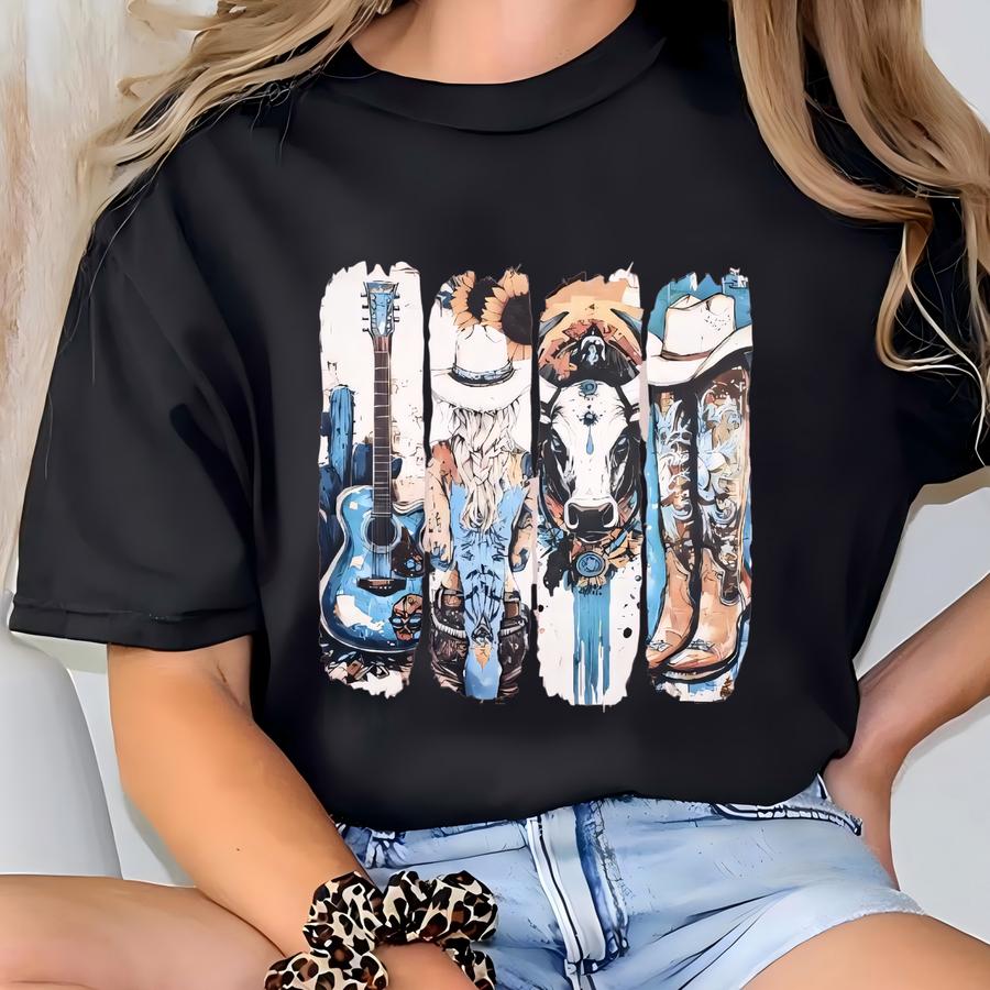 Western Cowgirl Graphic Tee – Guitar, Cow, Boots Hat Shirt – Cute Country Concert Outfit – Rodeo Southern Cowgirl Hoodie For Women T-shirt