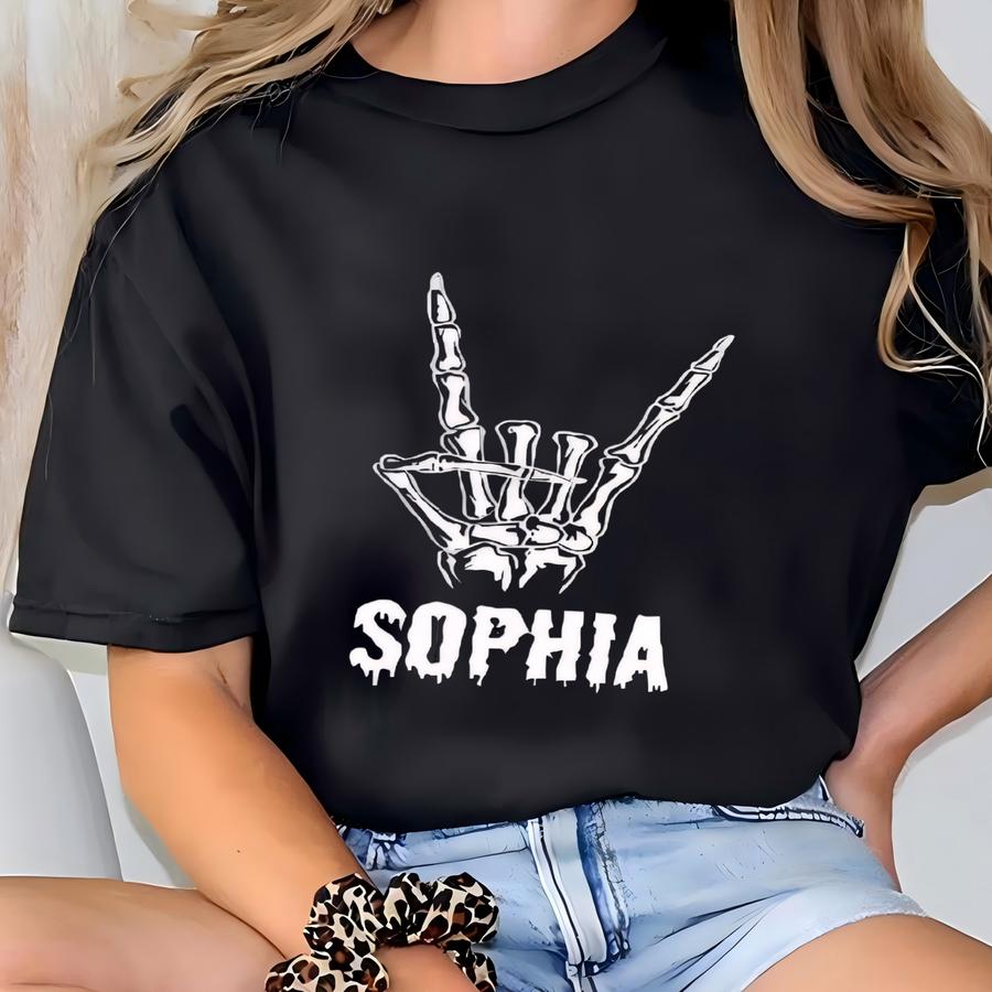 Personalized Skeleton Rock Hand Shirt, Funny Halloween Tee, Custom Rock Sign With Name T-shirt