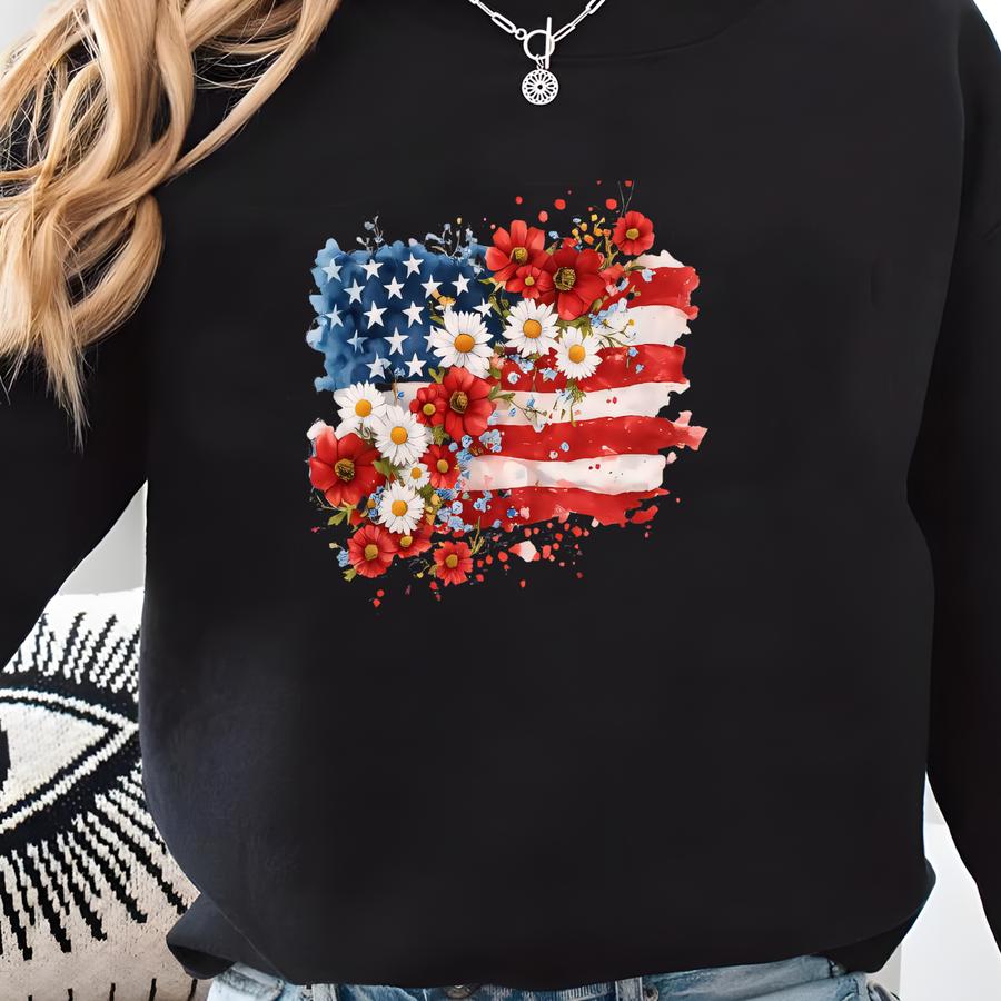 Floral American Flag Shirt, 4th Of July Womens Tshirt, Patriotic Shirt For Women, Independence Day Shirt, Fourth Of July Gifts, Usa Shirt Sweatshirt