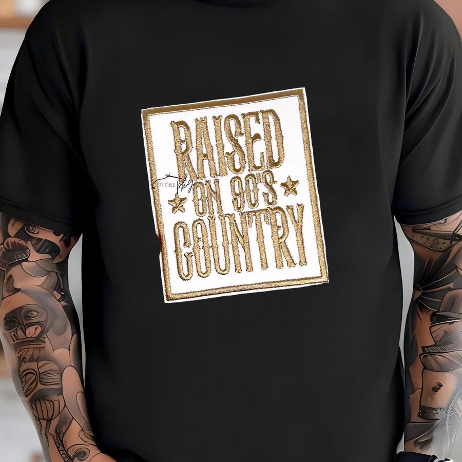 Raised On 90's Country Patch - Iron On - Medium - Bronze - Accessory - Trucker Hat - Y - Bordered T-shirt