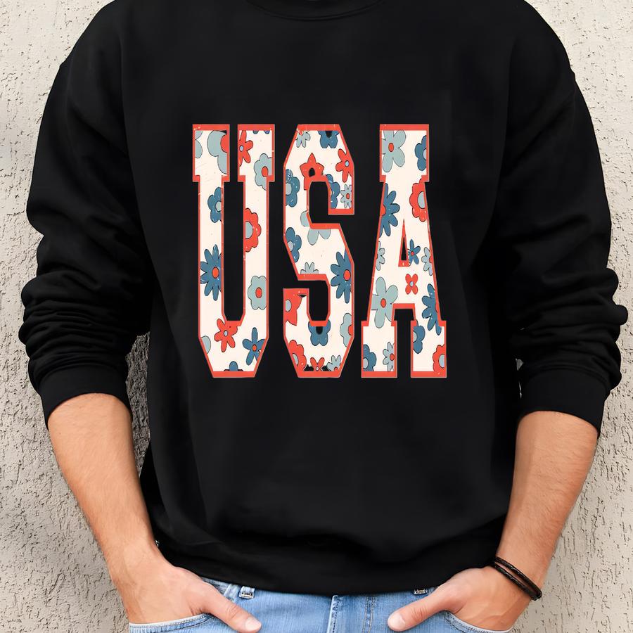 Usa Graphic Tee T-shirt | Floral Usa Shirt | Patriotic Summer Tee | Vintage Americana Shirt | 4th Of July Outfit Sweatshirt