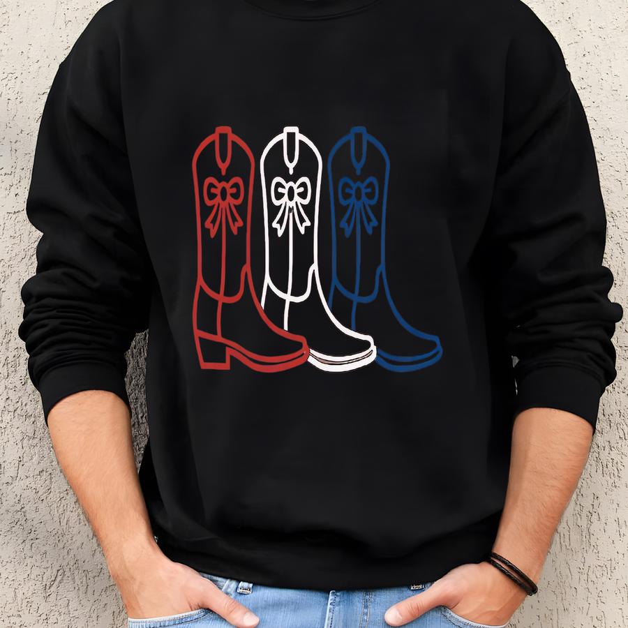 Cowgirl Red Blue And White Boots Shirt, July 4th Gift, American Flag Cowgirl Western 4th Of July Shirt, Patriotic Tee, Independence Day Gift Sweatshirt