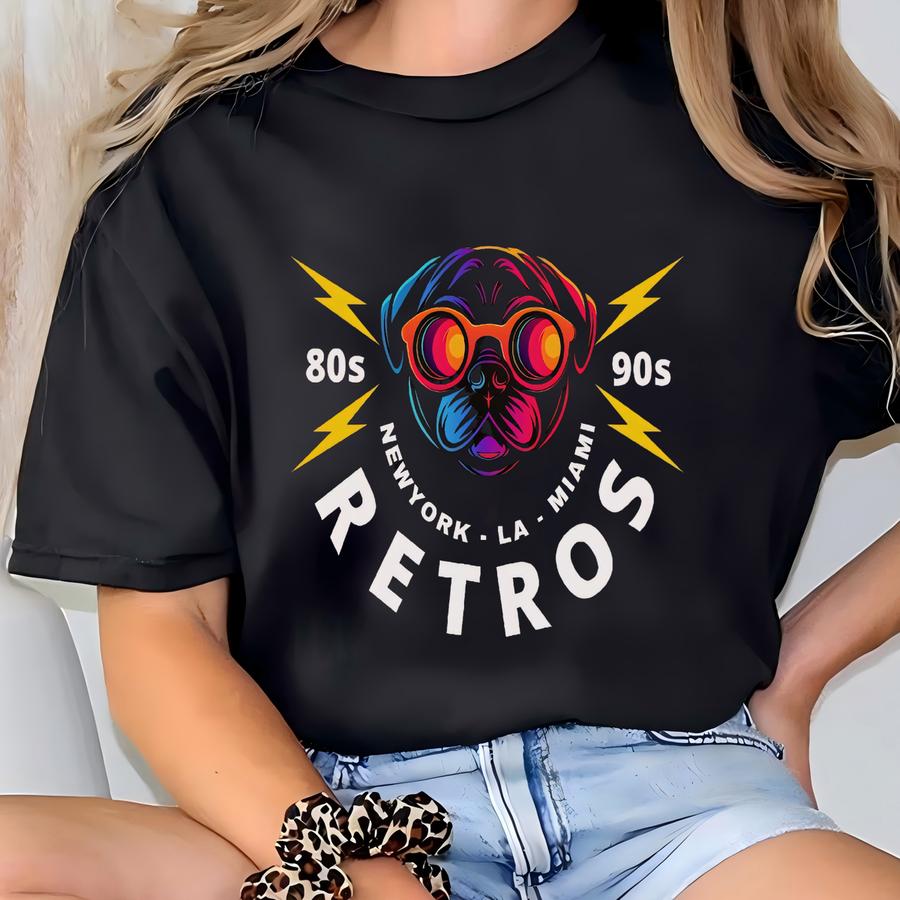 Retro Neon Pug Hoodie: 80s/90s Style Graphic Tee T-shirt