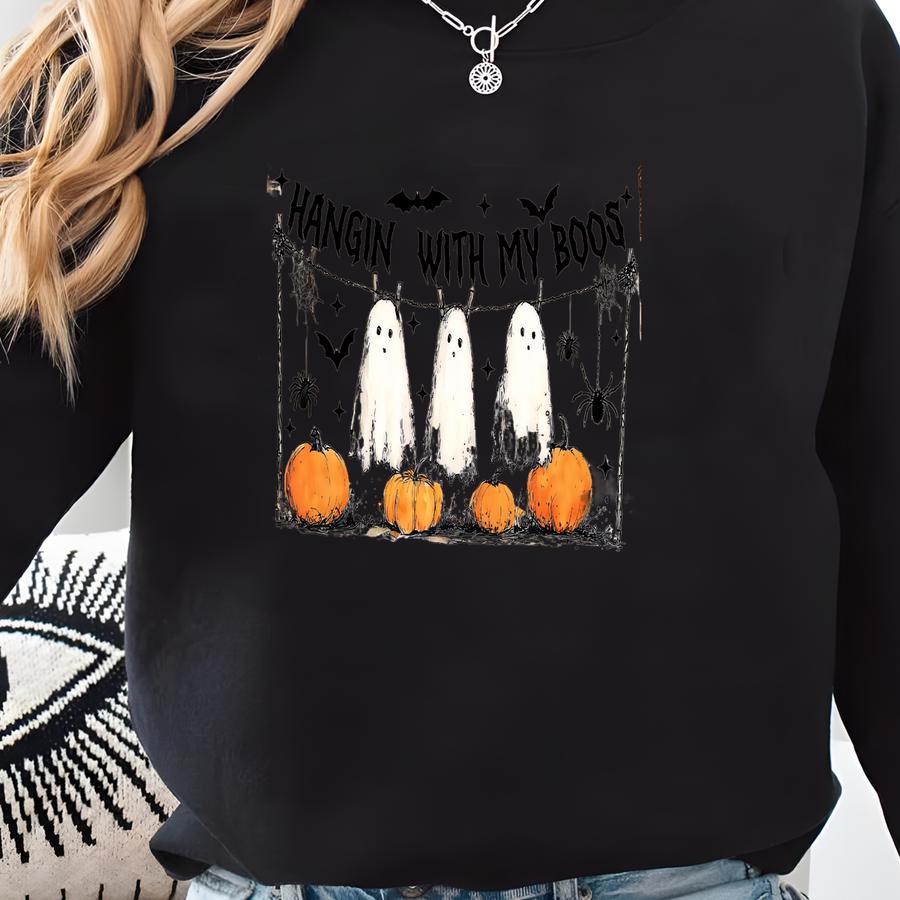Funny Hanging Ghosts Halloween Png, Hangin’ With My Boos Shirt Design, Cute Pumpkin Bat Digital Download Sweatshirt