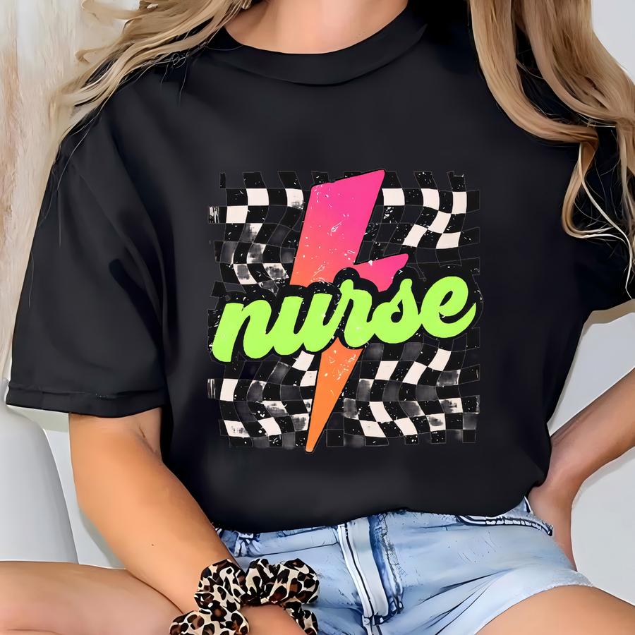 ® Neon Nurse Shirt, Lightning Bolt, Retro Checkered Nurse Shirt, Registered Nurse, Nurse Life Shirt, Cute Nurse T Shirt T-shirt