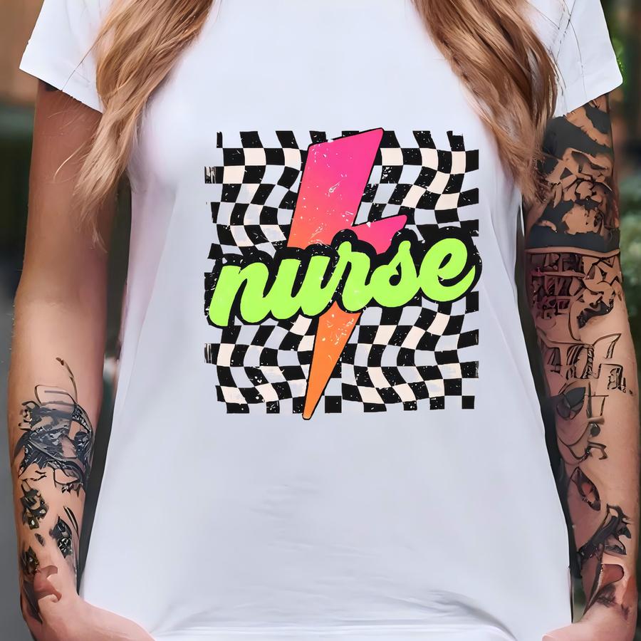 ® Neon Nurse Shirt, Lightning Bolt, Retro Checkered Nurse Shirt, Registered Nurse, Nurse Life Shirt, Cute Nurse T Shirt T-shirt
