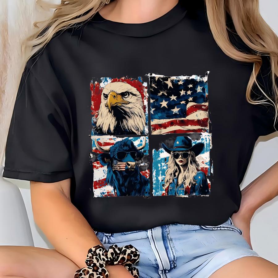 Retro 4th Of July Cowgirl Tee: Americana Eagle Buffalo Graphic T-shirt