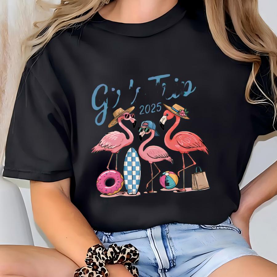 Girls Trip 2025 Flamingo Shirt, Matching Girls Getaway Tee, Tropical Vacation Group Shirt, Flamingo Beach Crew Shirt, Summer Fun Trip Shirt T-shirt
