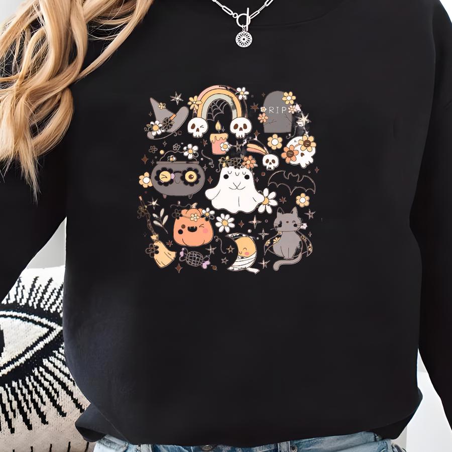 Cottagecore Halloween Sweatshirt: Pink Ghost Doodles, Pastel Spooky Season Sweatshirt