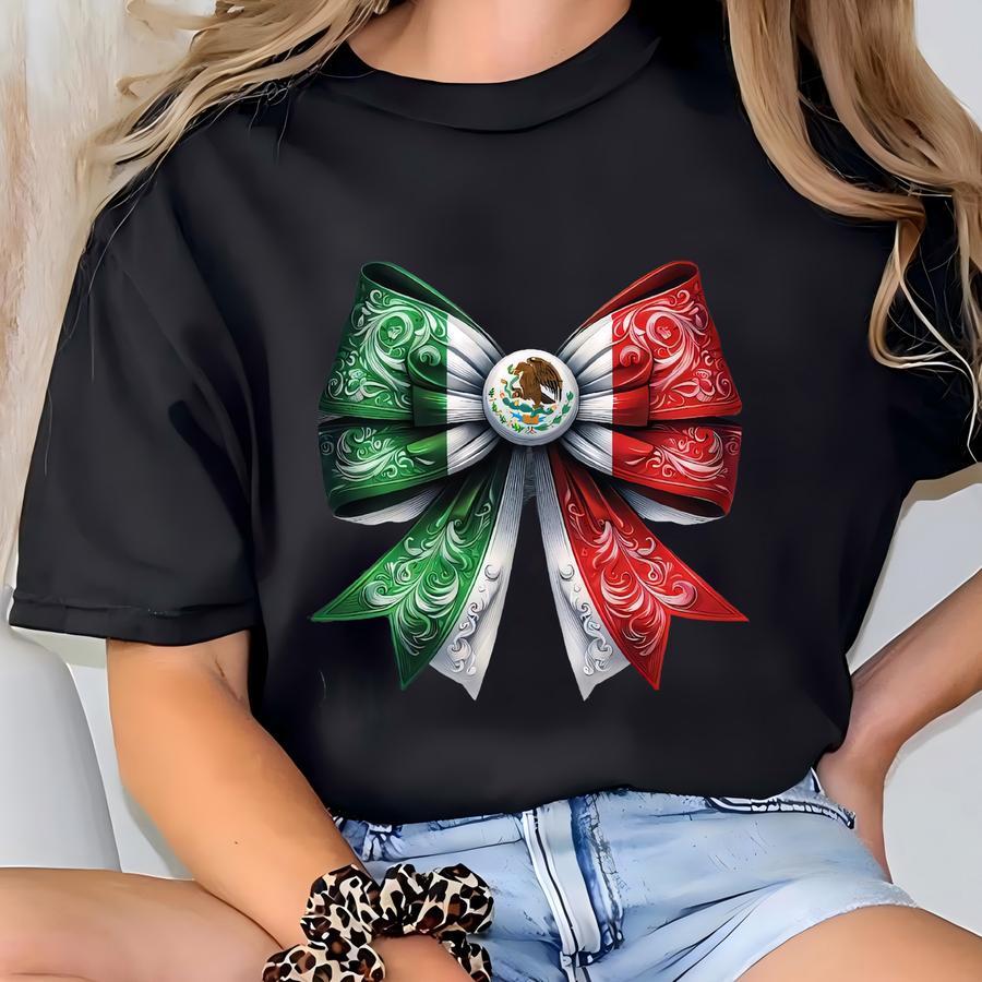 Retro Comfort Mexican Flag Shirt, Coquette Bow Mexico Hoodie, Mexican Flag Sweatshirt, Mexican Women Gift, Coquette Bow Mexico Shirt T-shirt