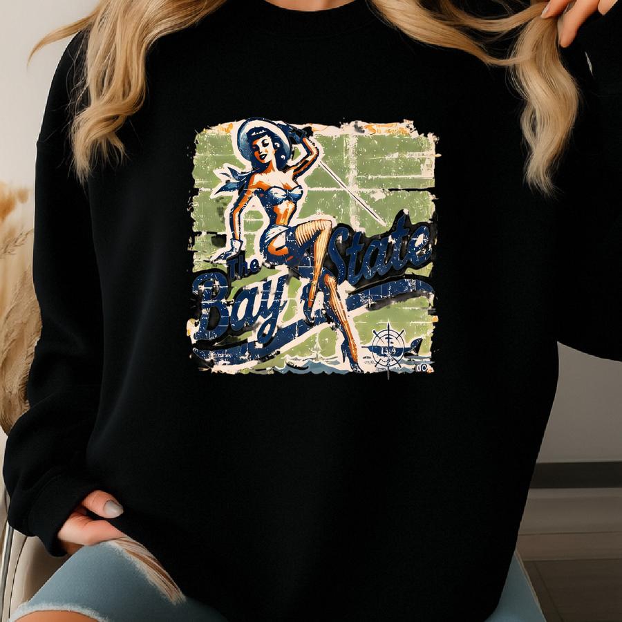 Vintage Bay State Pin-up Tee: Retro Massachusetts Pride T-shirt Sweatshirt