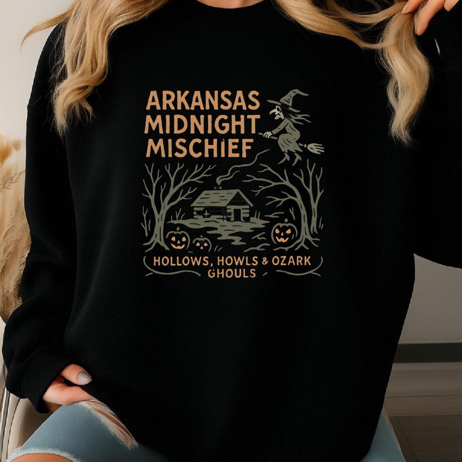 Arkansas Halloween Sweatshirt: Midnight Mischief Crewneck, Ozark Ghouls Sweatshirt