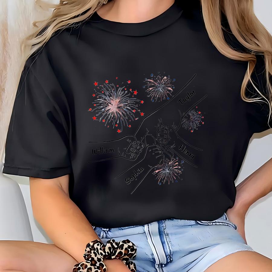 Dad Mom - Personalized Apparel - 4th Of July Independence Day Gift For Mom Dad, Custom Names, Fireworks And Hands Graphic Shirt T-shirt