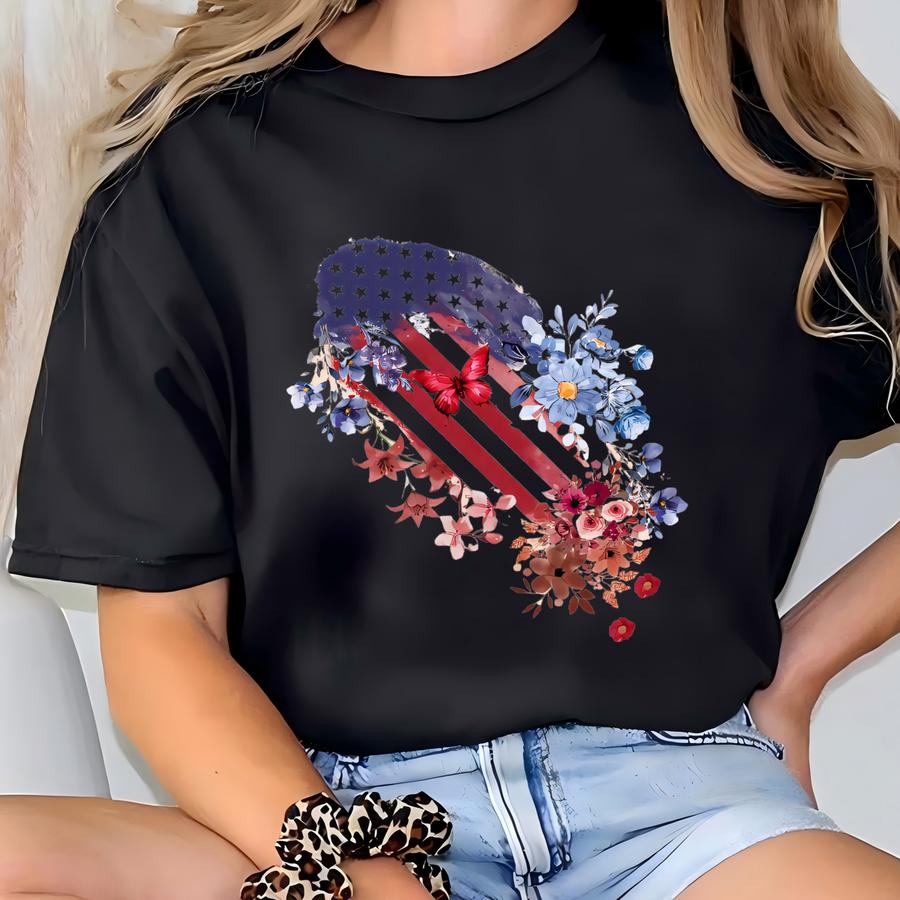Floral Usa Flag Shirt: 4th Of July American Tee T-shirt