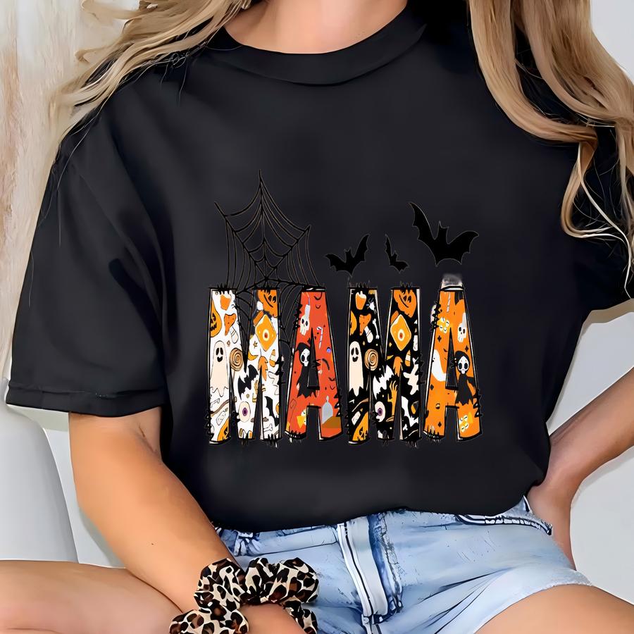 Personalized Halloween Mama Sweatshirt With Kid Name On Sve, Spooky Mama Shirt, Gift For Mom,spooky,halloween Shirt,custom Name Halloween T-shirt