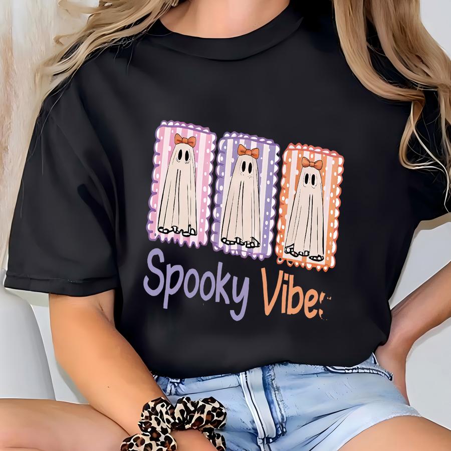 ® Spooky Vibes Shirt, Halloween Ghost Shirt, Spooky Season Tee, Girly Halloween Coquette Tee, Cute Ghost Shirt, Halloween Gift T-shirt