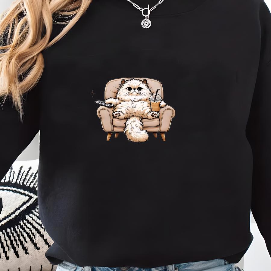 I Am Not Lazy I Am In Energy Saving Mode Shirt, Cute Cat With Coffee Graphic Tee Sweatshirt