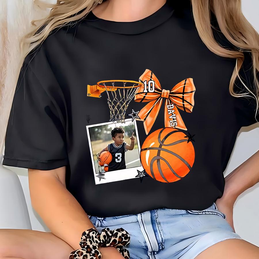 Coquette Bow Basketball Custom Name And Photo Tee, Coquette Bow Tee, Basketball Mom Tee, Personalized Sports For Dad Mom, Soft Ball Dad T-shirt
