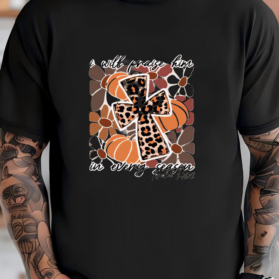 Floral Pumpkin Christian Tee: Leopard Cross Fall Shirt T-shirt