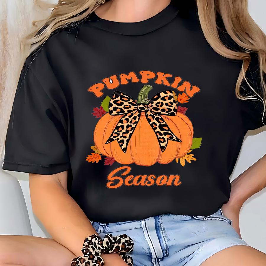 Pumpkin Season Hoodie, Halloween Leopard Pumpkin Bow Shirt T-shirt