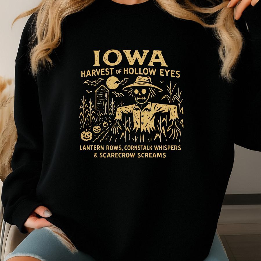 Iowa Halloween Sweatshirt: Harvest Of Hollow Eyes Scarecrow Design Sweatshirt