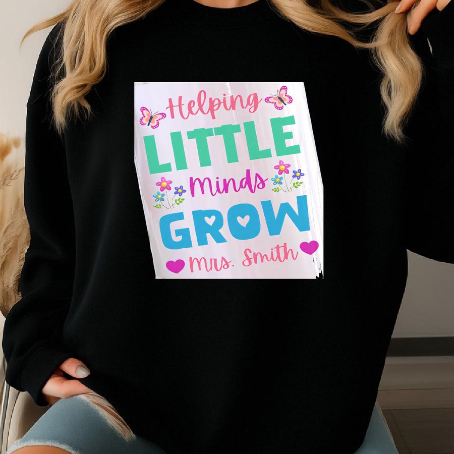 Personalized Teacher Tumbler 40oz, Custom Teacher Appreciation Tumbler With Handle, Helping Little Minds Grow Back To School Tumbler Cup Sweatshirt