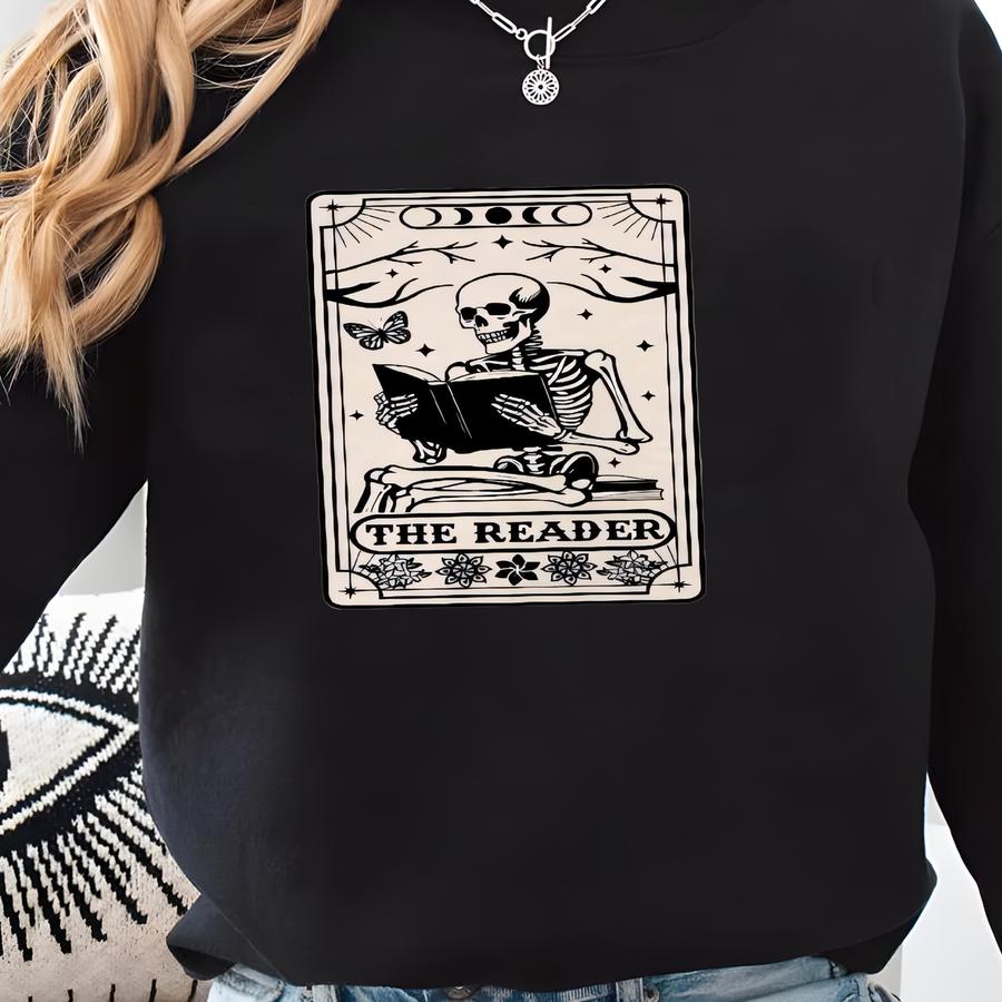 The Reader Tarot Card Front And Back Printing Shirt, Skeleton Reading T-shirt, Book Lover Gift For Women, Book Lover Tee, Tarot Lover Gift Sweatshirt