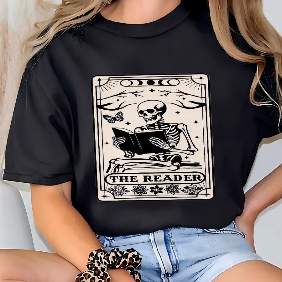 The Reader Tarot Card Front And Back Printing Shirt, Skeleton Reading Hoodie, Book Lover Gift For Women, Book Lover Tee, Tarot Lover Gift T-shirt