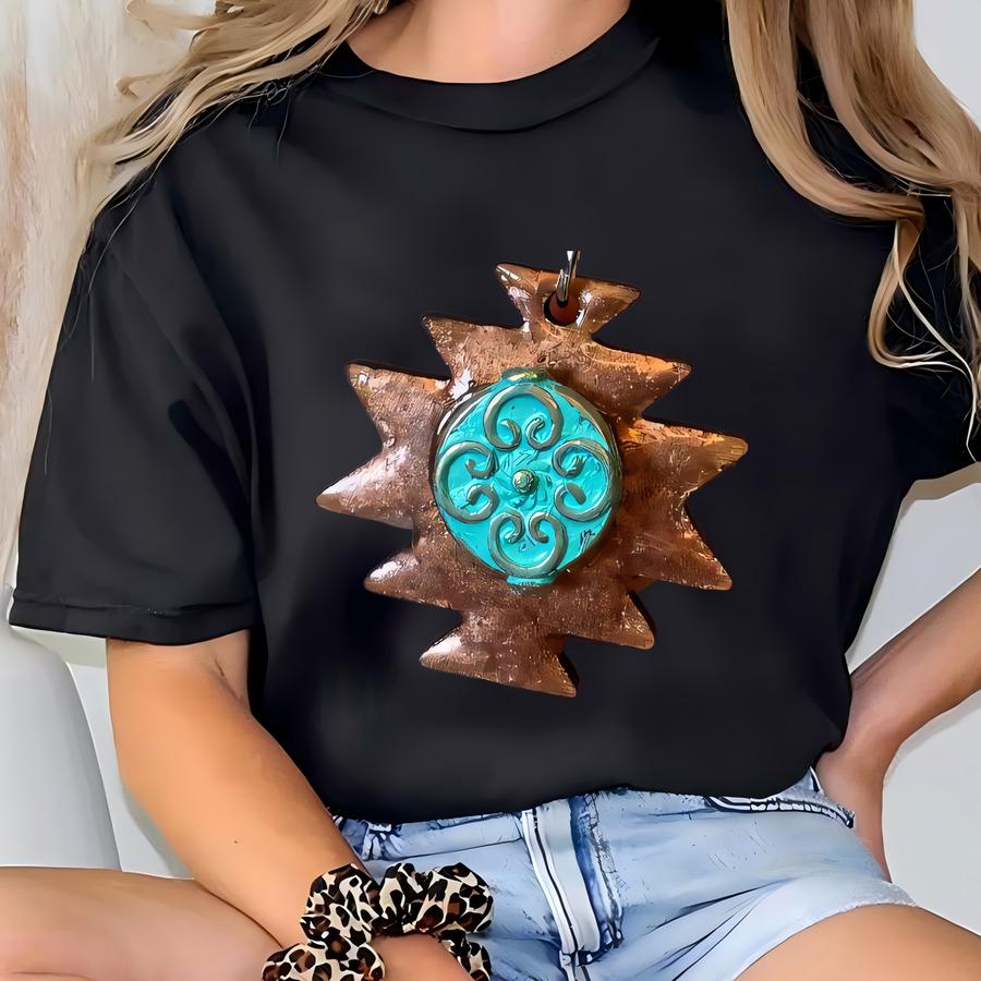 Earrings- Aztec Wooden Copper Shimmer With Charm T-shirt