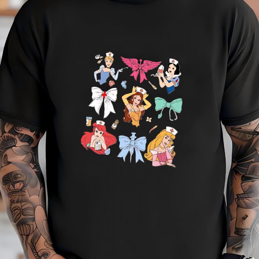 Coquette Bows Disney Princess Nurse Shirt | Ariel Belle Elsa Aurora Happy Nurse's Day 2025 Tshirt | Nursing School Gift | Birthday Girl Trip Shirt