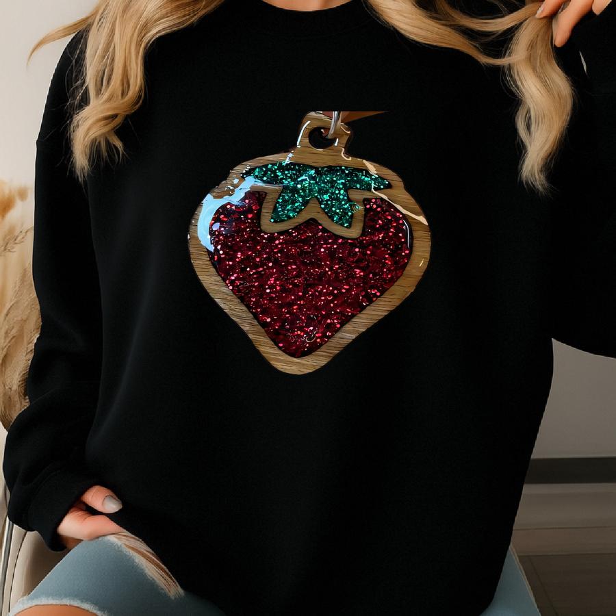 Earrings-strawberry, Wooden Bezel Shimmer Red Resin Sweatshirt
