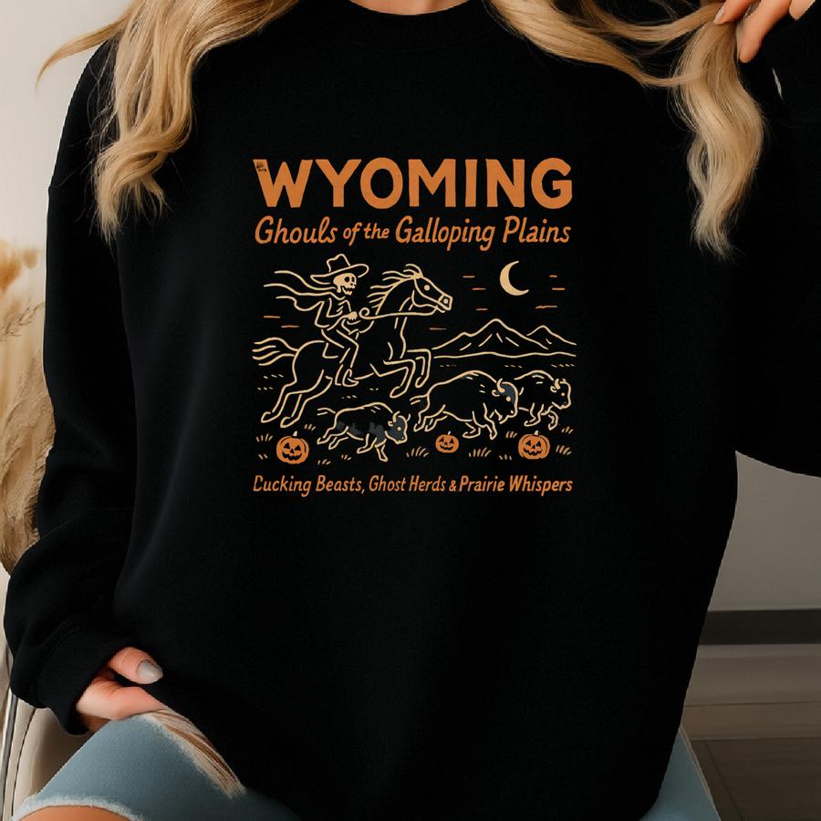 Wyoming Ghouls Sweatshirt: Galloping Plains Halloween Crewneck Sweatshirt