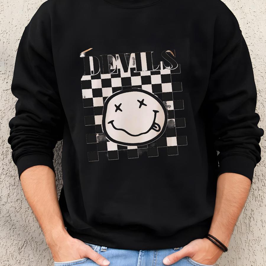 Retro Devils Svg, Png, Dxf, Eps, Devils Sport Shirt Sublimation Design, Checkered Devils School Team Spirit  Sweatshirt