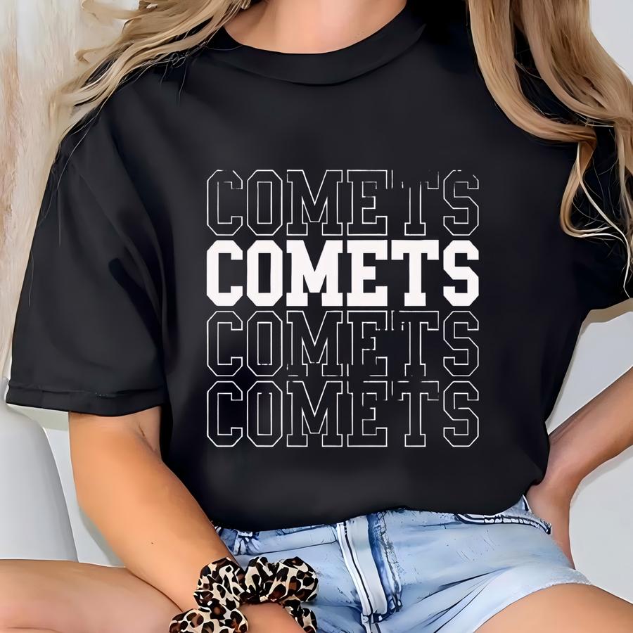 Comets Svg, Png, Dxf, Eps, Stacked Block Letter Comets Shirt Design Sublimation, Comets Team Spirit School  T-shirt