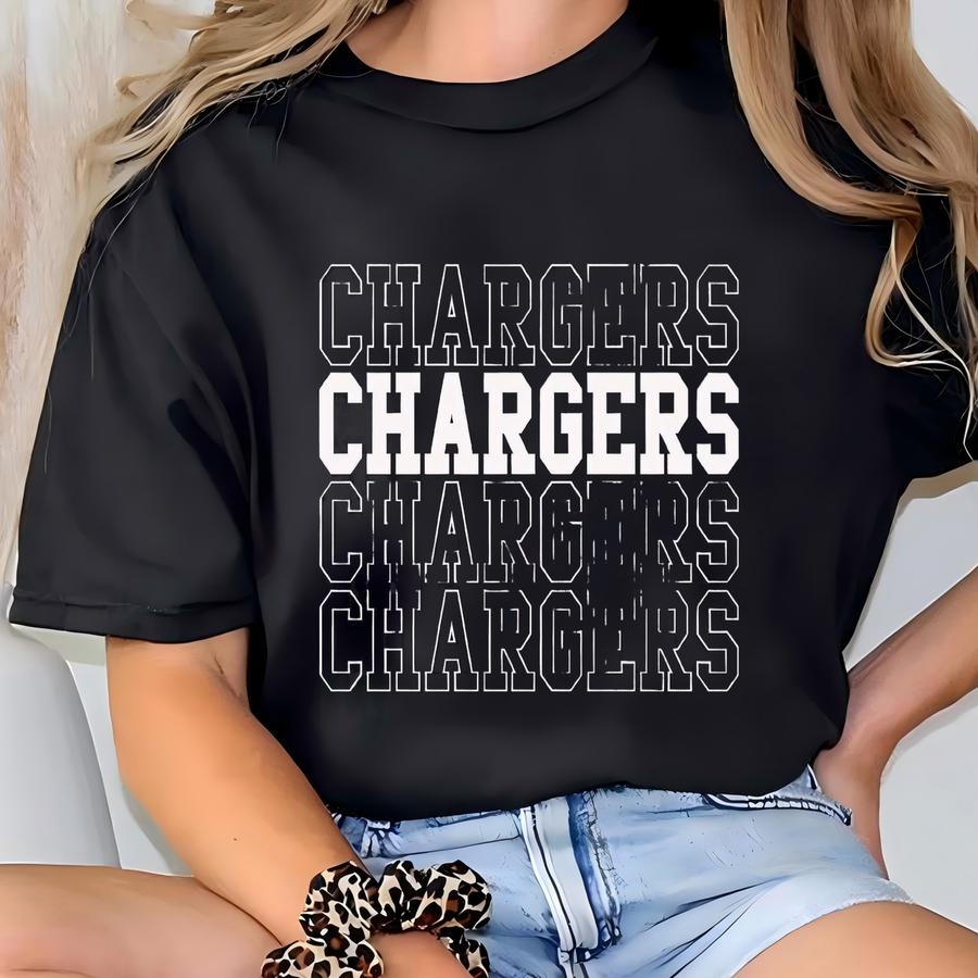 Chargers Svg, Png, Dxf, Eps, Stacked Block Letter Chargers Shirt Design Sublimation, Chargers Team Spirit School  T-shirt