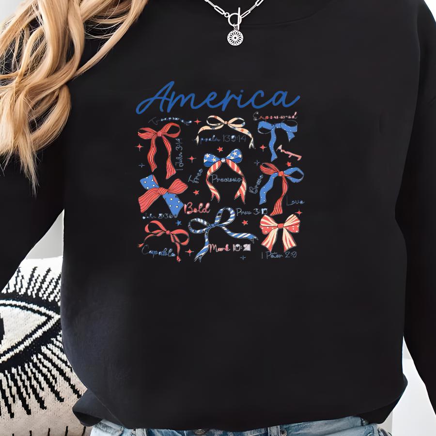 Christian America Coquette Shirt, Usa Flag Jesus Bow Shirt, Coquette 4th Of July Tee, Summer America Shirt, Christian Red White Blue Shirt Sweatshirt