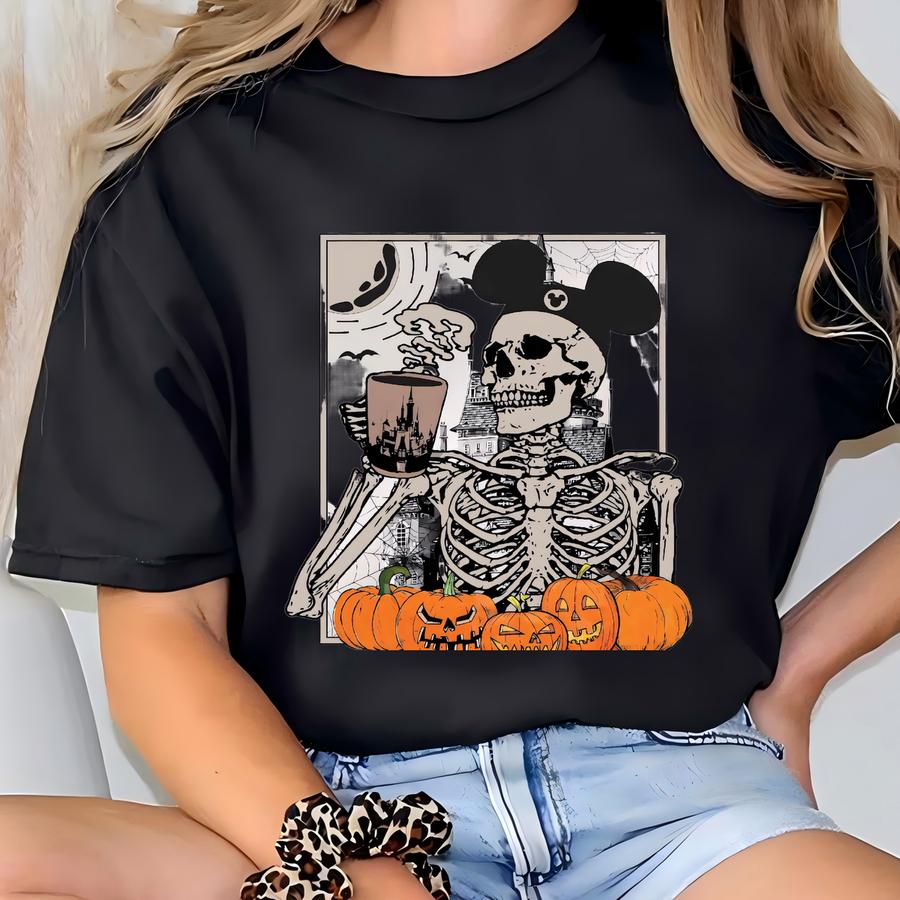 Retro Skeleton Coffee Dtf, Skeleton Ready To Press, Skeleton Ears Dtf, Pumpkin,halloween Trip Dtf Gift For Shirt T-shirt