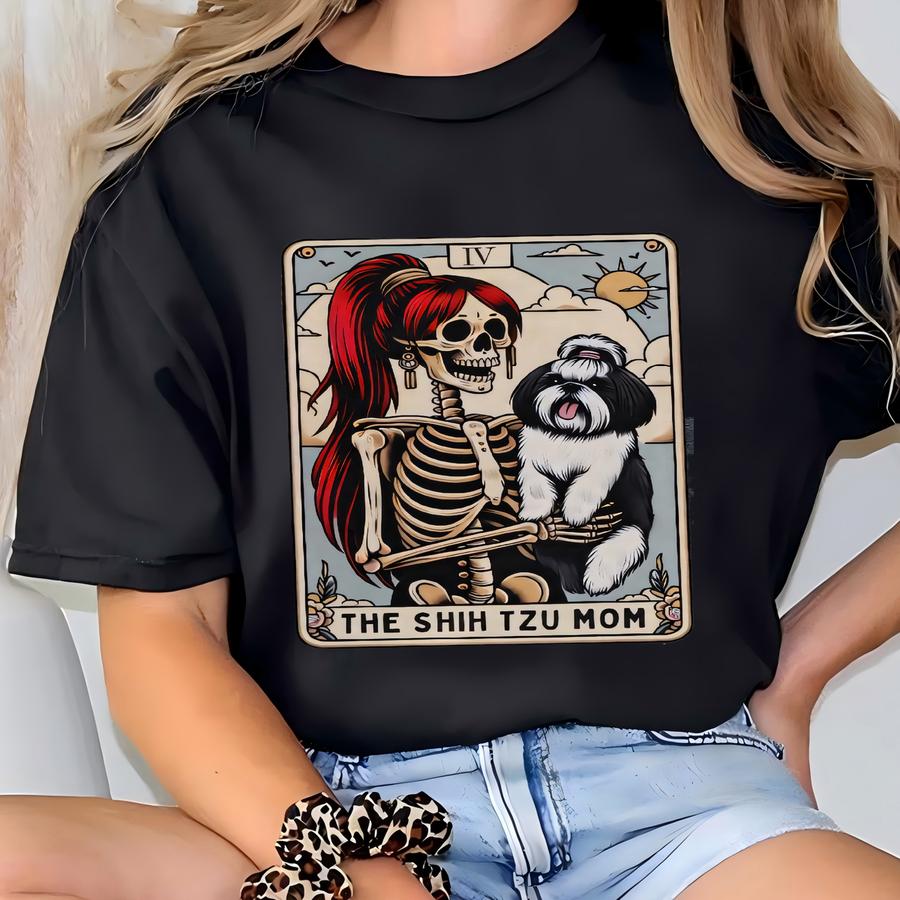 Shih Tzu Shirt, ® Shih Tzu Mom Tarot Card Hoodie, Fall Shih Tzu Halloween Tee, Gift For Shih Tzu Dog Mama, Skeleton Shih Tzu T-shirt