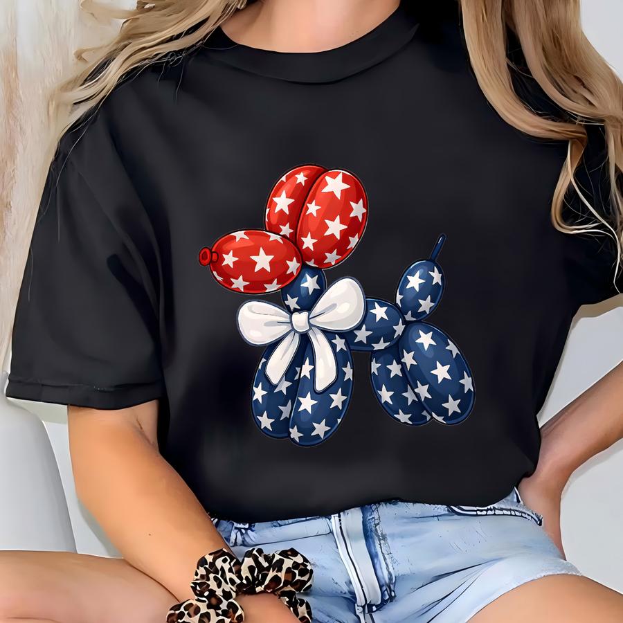 4th Of July Balloon Dog Shirt, Coquette Patriotic Hoodie, Independence Day Tee, Women American Shirt, Usa Flag Shirt, Patriotic Animal Tee T-shirt