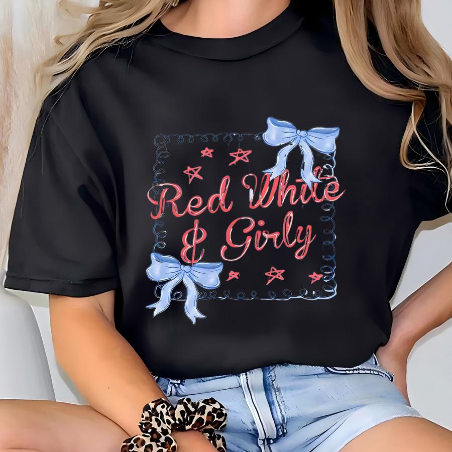 ® Red White And Girly Shirt, American Girl Shirt, Cute Woman American Tee, Coquette Red White Blue, 4th Of July Gift For Woman T-shirt