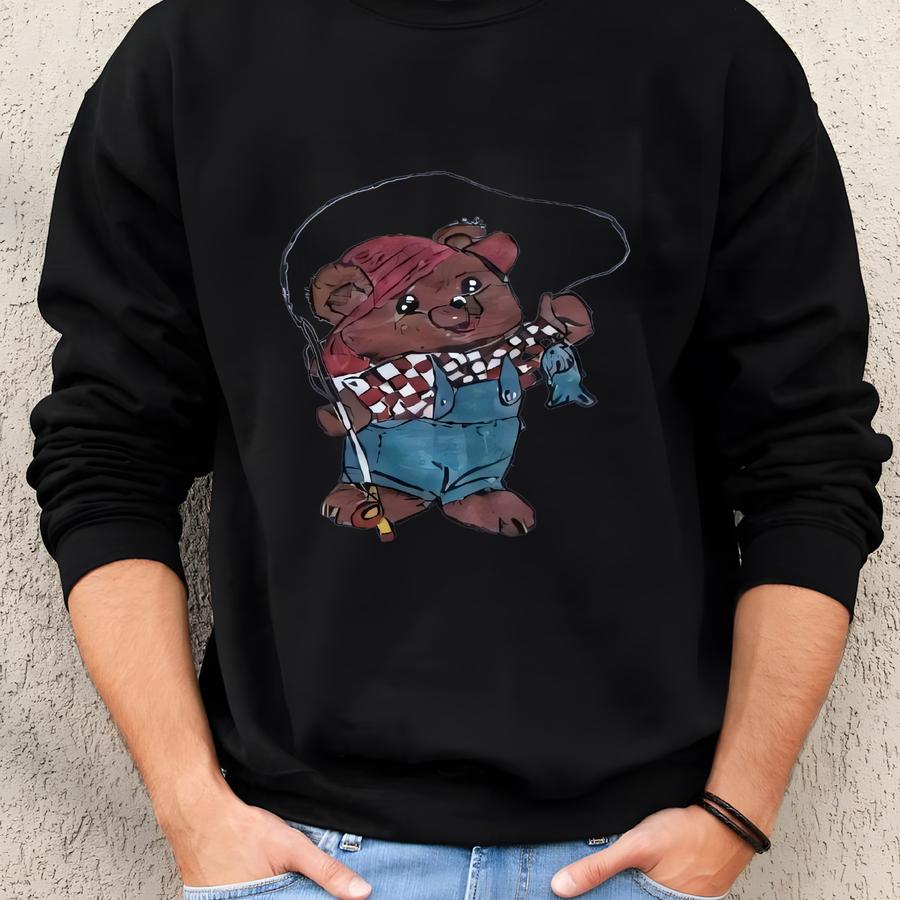 Vintage Hand Painted Teddy Bear Sweatshirt: Gone Fishing Crewneck Xxl Sweatshirt
