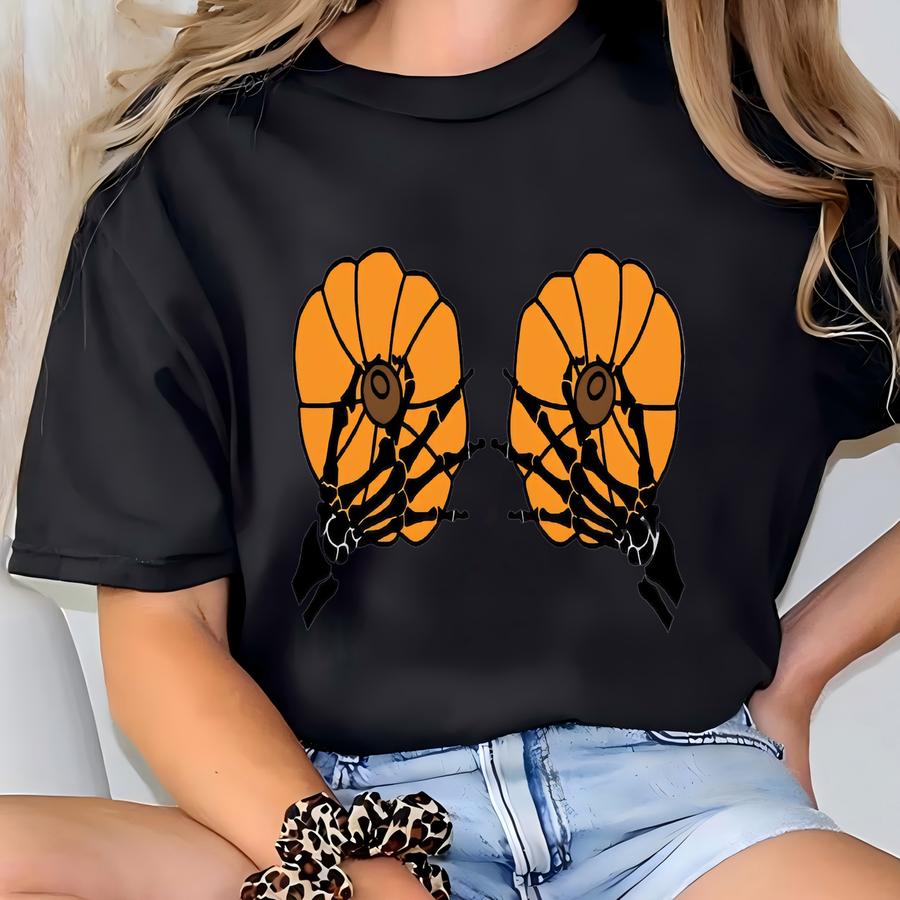 Funny Halloween Skeleton Shirt: Pumpkin Boobs Pinch Tee T-shirt