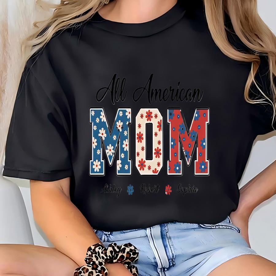 Mom 4th Of July Floral - Personalized Apparel - Independence Day Gift For Mom, Usa Flag Flower Letters Tee With Kid's Names T-shirt