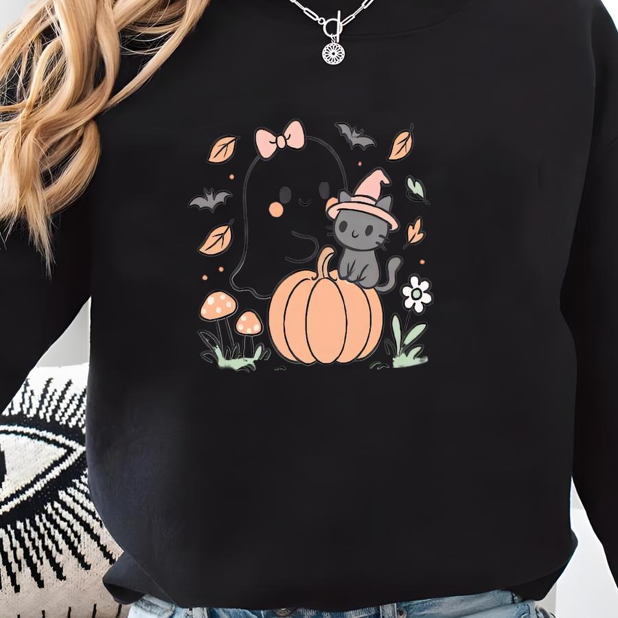 Vintage Inspired Halloween Baby Tee, Cat Mom Baby Tee Retro Halloween Graphic Tee Cute Ghost And Witch Cat On Pumpkin Baby Tee For Fall Sweatshirt