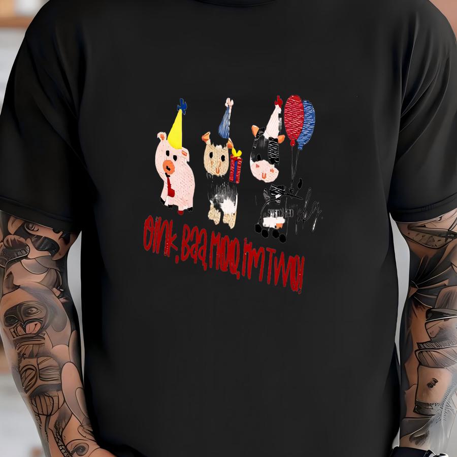 Oink Baa Moo Your Baby Is Two Shirt - Boys Birthday Party Theme - Farm Animals - Party Outfit - Pig Sheep Cow Personalized Name T-shirt