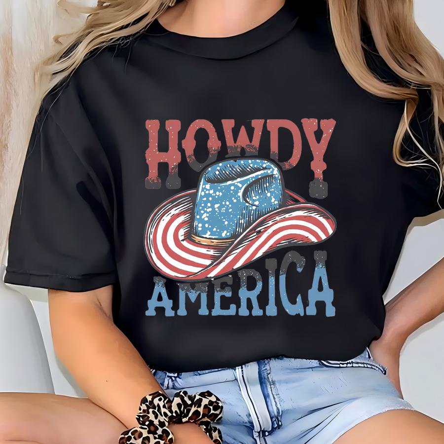 Howdy America Shirt, Western Cowboy 4th Of July Hoodie, Patriotic Country Graphic Tee, Usa Pride Gift, Southern Style Summer Outfit T-shirt
